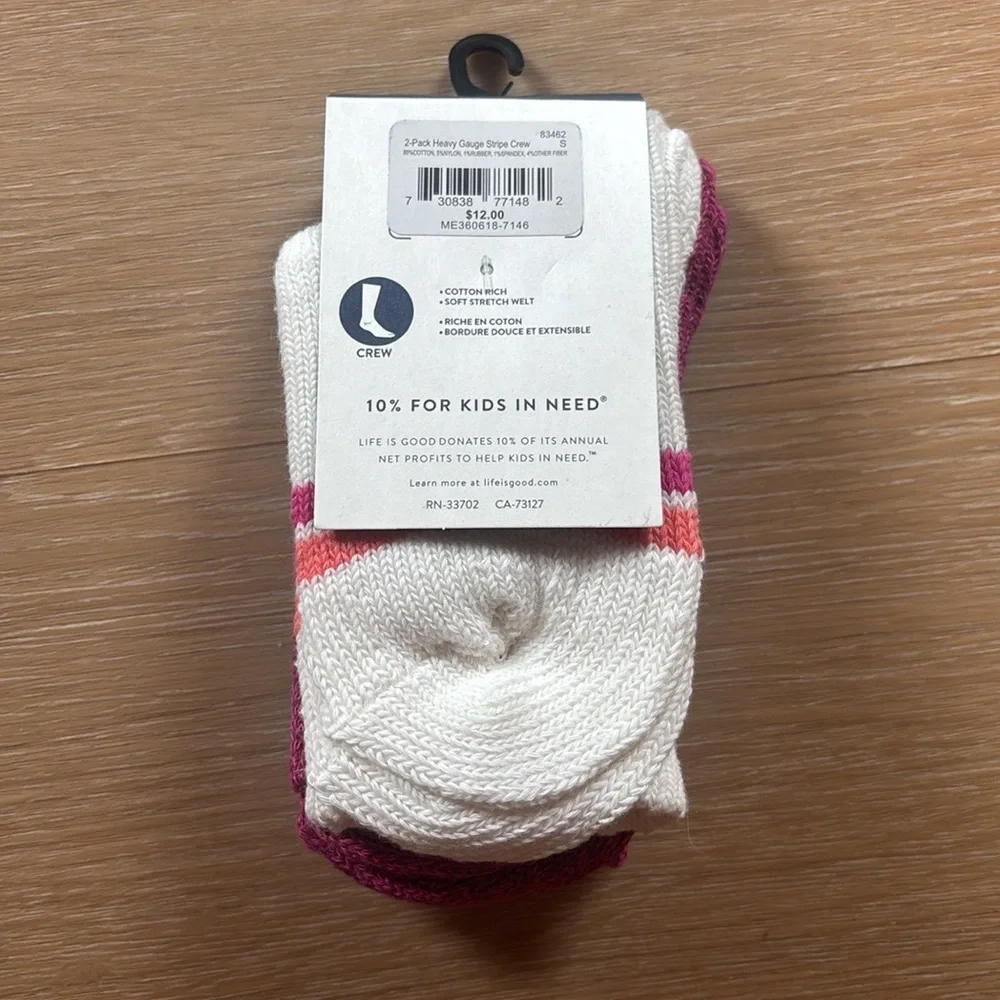 NWT Life is Good Girl's 2 Pair of Heavy Gauge Stripe Crew Socks